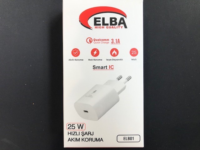 ELBA ELB01-25WPD BEYAZ 25W SARJ KAFA TYPE USB-C PD3.0-QC4.0(AKIM KORUMA-HIZLI SARJ-ISIYA DAYANIKLI)